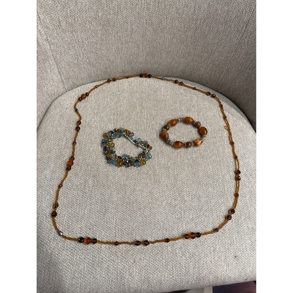 Vintage Robert Rose 46" Necklace Jewelry Lot Amber Blue 2 Bracelets 3pc Set